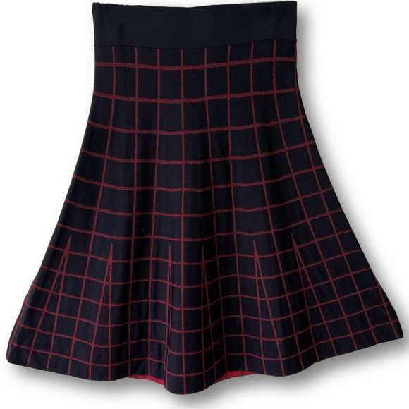 NEW Window Pane check High Waisted BLK Red Midi Skirt S - Picture 3 of 9